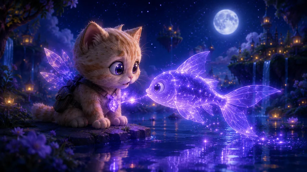 CatFly meeting a Dream Fish at the water's edge
